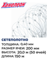 Сетеполотно леска 0,40 мм, ячея 200 мм, высота 20,0 м кукла