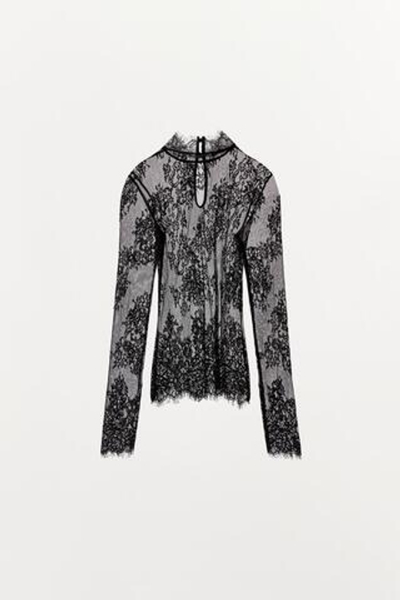 ZARA ТОП С ДЛИННЫМИ РУКАВАМИ И КРУЖЕВОМ, ЧЕРНЫЙ