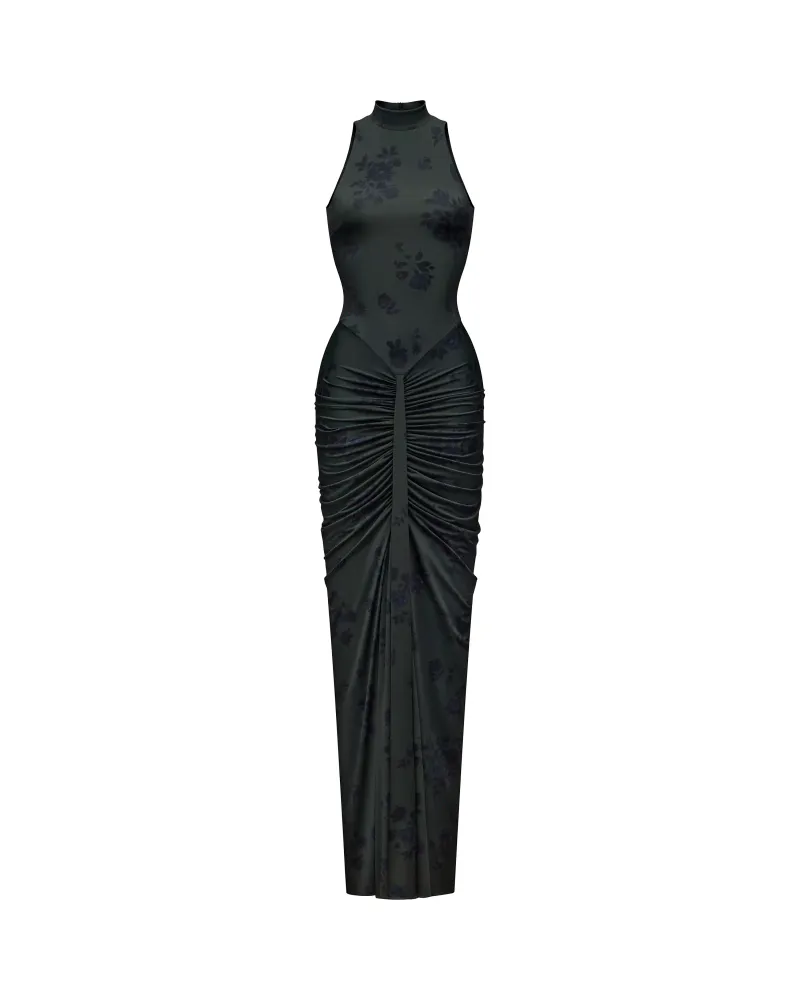 Иви макси (Ivy maxi), платье макси из темно-зеленого бифлекса с черными цветами