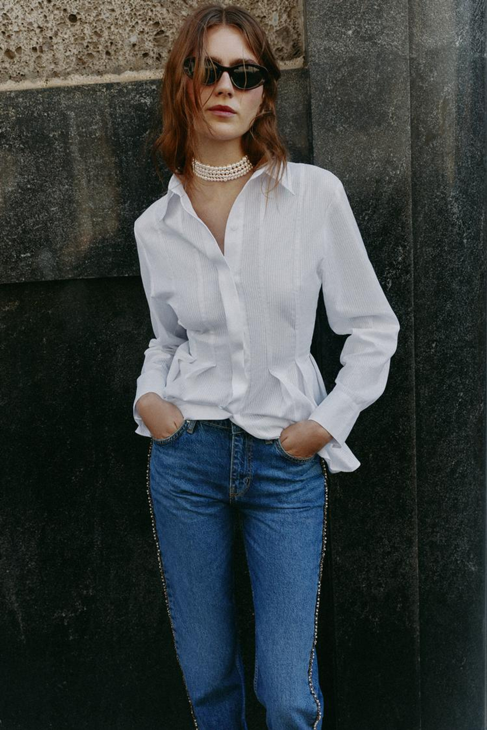ZARA ДЖИНСЫ Z1975 SLIM STRAIGHT СО СРЕДНЕЙ ПОСАДКОЙ И ЖЕМЧУГОМ, СИНИЙ