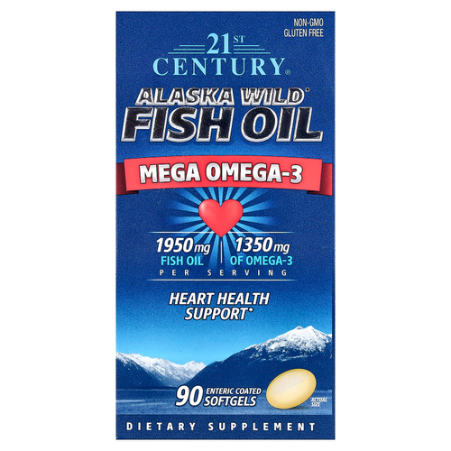 21st Century, Alaska Wild, рыбий жир с мега-количеством омега-3, 90 капсул, покрытых кишечнорастворимой оболочкой