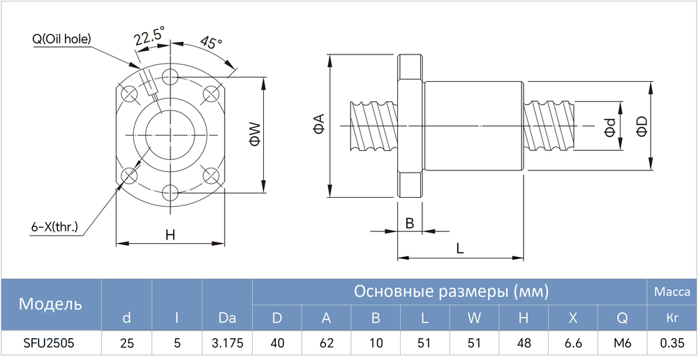 Гайка ШВП SFU2505 - чертеж с размерами