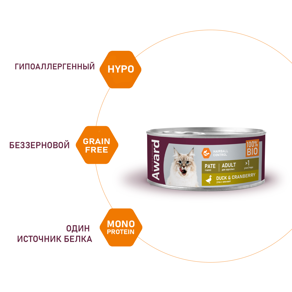 Влажный корм AWARD для взрослых кошек паштет из утки с клюквой 16 шт по 100гр