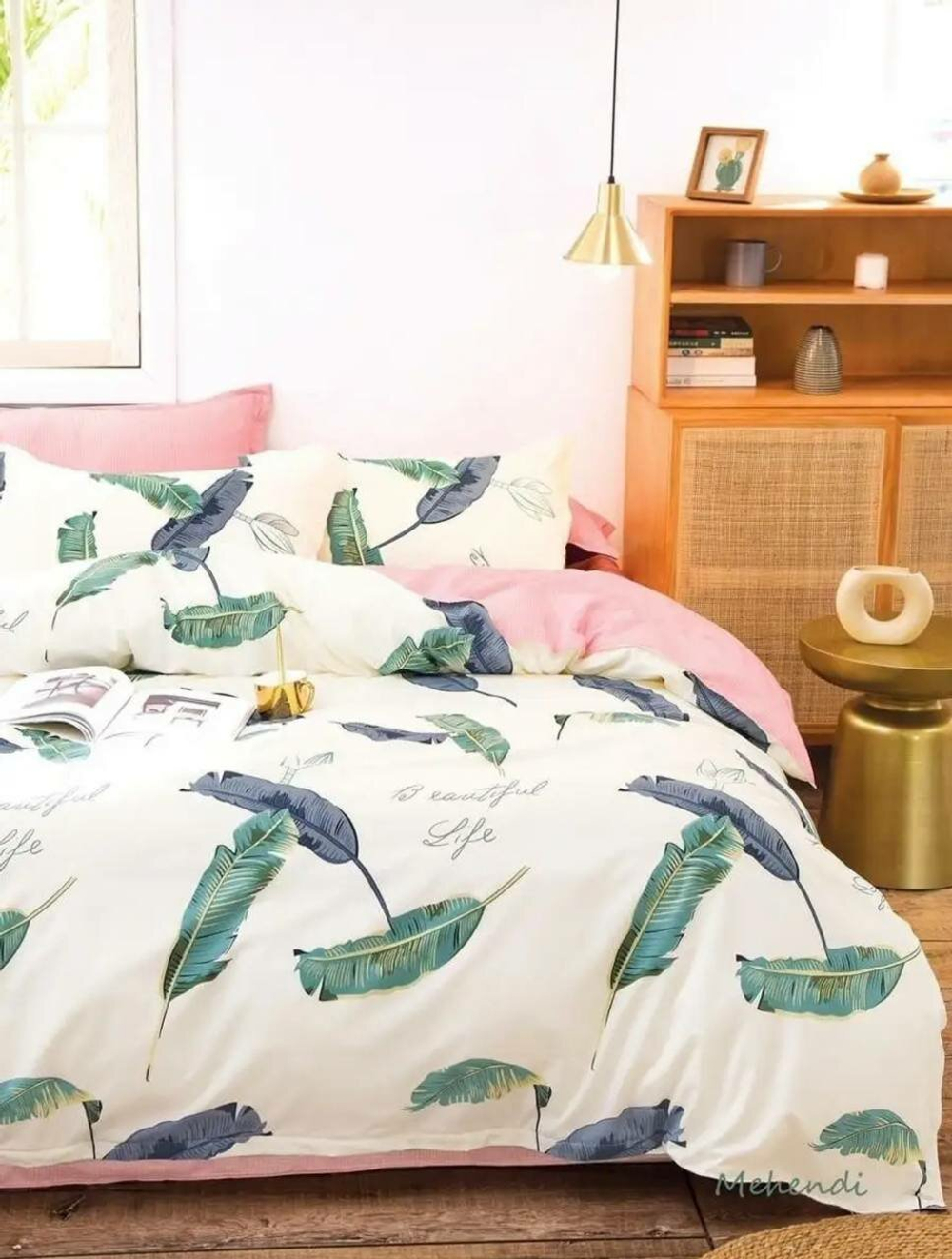 Комплект постельного белья Mency "Перо" 2 спальный, простыня на резинке
