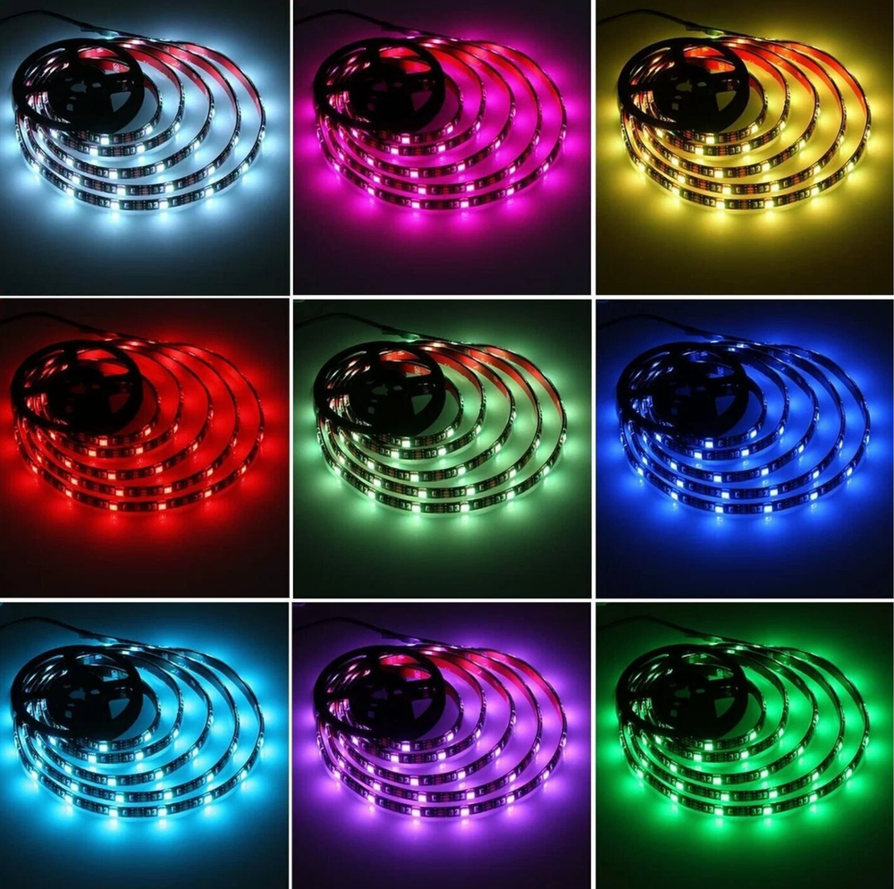 Светодиодная многоцветная RGB лента, 5 м. с блоком питания и пультом