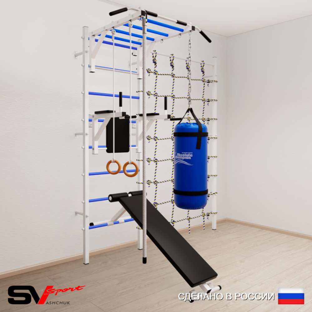Шведская стенка Sv Sport 55420 (Турник рукоход/Брусья/Скамья/Канат/Кольца/Цепь/Мешок 22кг/Канатный лаз)