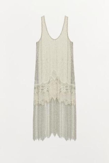 ZARA ПЛАТЬЕ С БРЕТЕЛЯМИ, БУСИНАМИ И БАХРОМОЙ — ZW COLLECTION, ЖЕМЧУЖНЫЙ/БЕЖЕВЫЙ