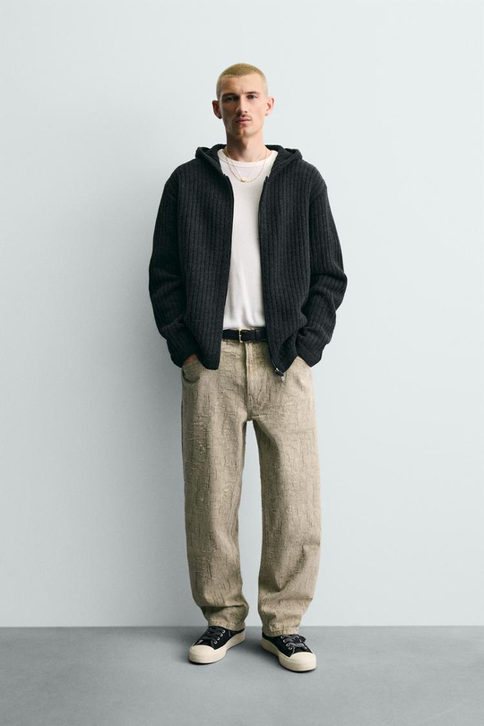 ZARA БРЮКИ STRAIGHT FIT ЖАККАРД, ХАКИ