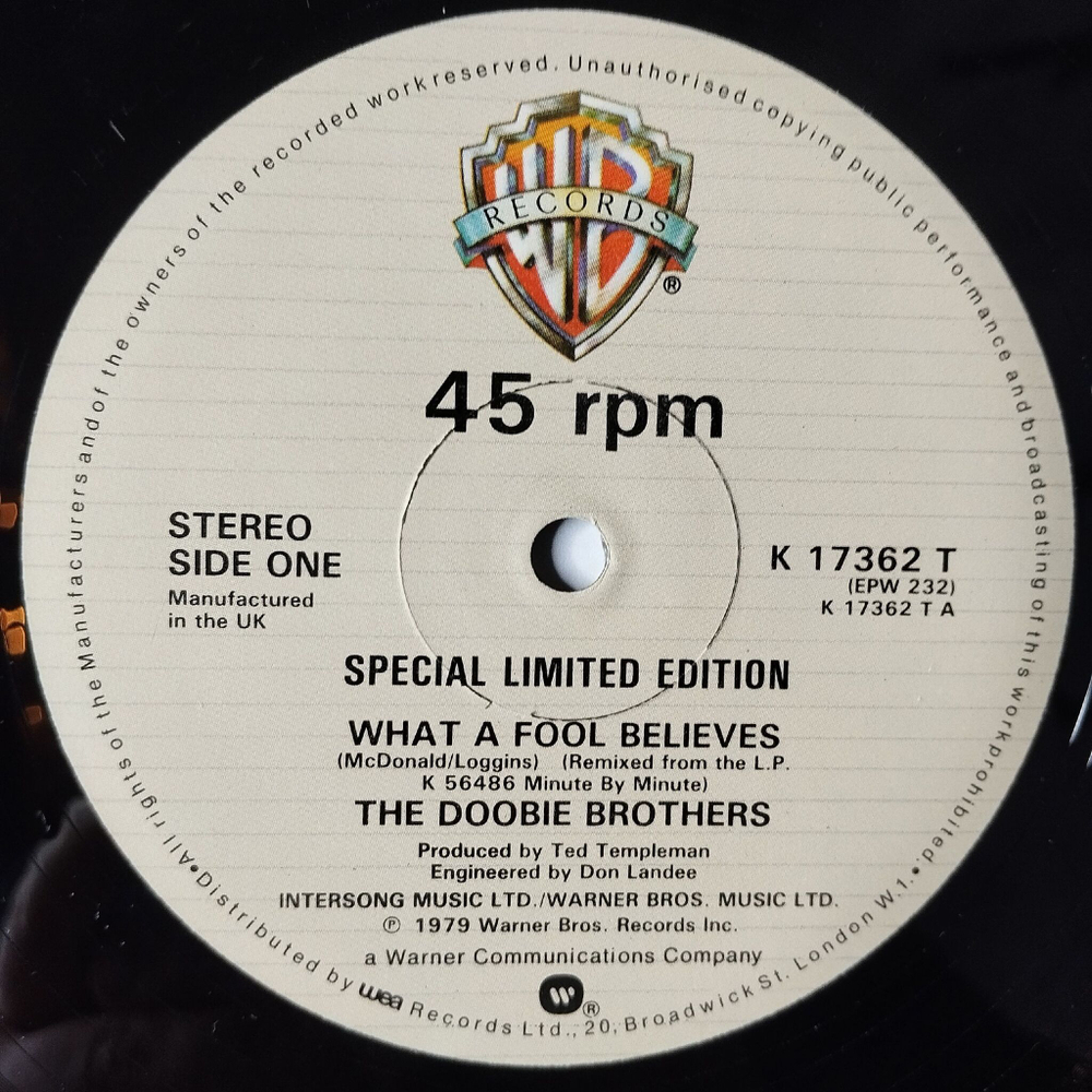 Винтажная виниловая пластинка LP The Doobie Brothers What A Fool Believes (UK 1979) 45 RPM Maxi Single