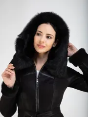 Дубленка женская натуральная с капюшоном длинная Турция