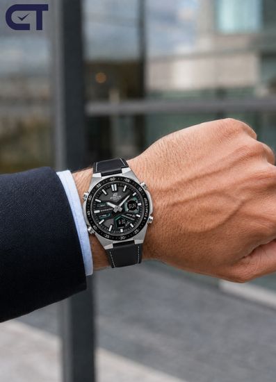 CASIO EFV-C110L-1AVDF EDIFICE мужские наручные часы — аналогово-цифровая модель на кожаном ремешке с 10-летней батареей