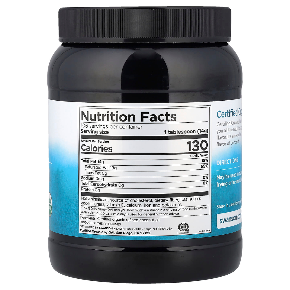 Swanson Vitamins, сертифицированное органическое кокосовое масло, без ароматизаторов, 1,47 кг (3 фунта 4 унции)