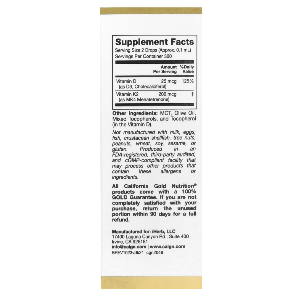 California Gold Nutrition, витамины D3 и K2 в виде MK4, 25 мкг (1000 МЕ), 30 мл (1 жидк. унция)