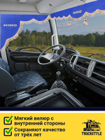 Ламбрекен с косынками стеганые Hino (экокожа, синий, бежевая бахрома "закрутка")