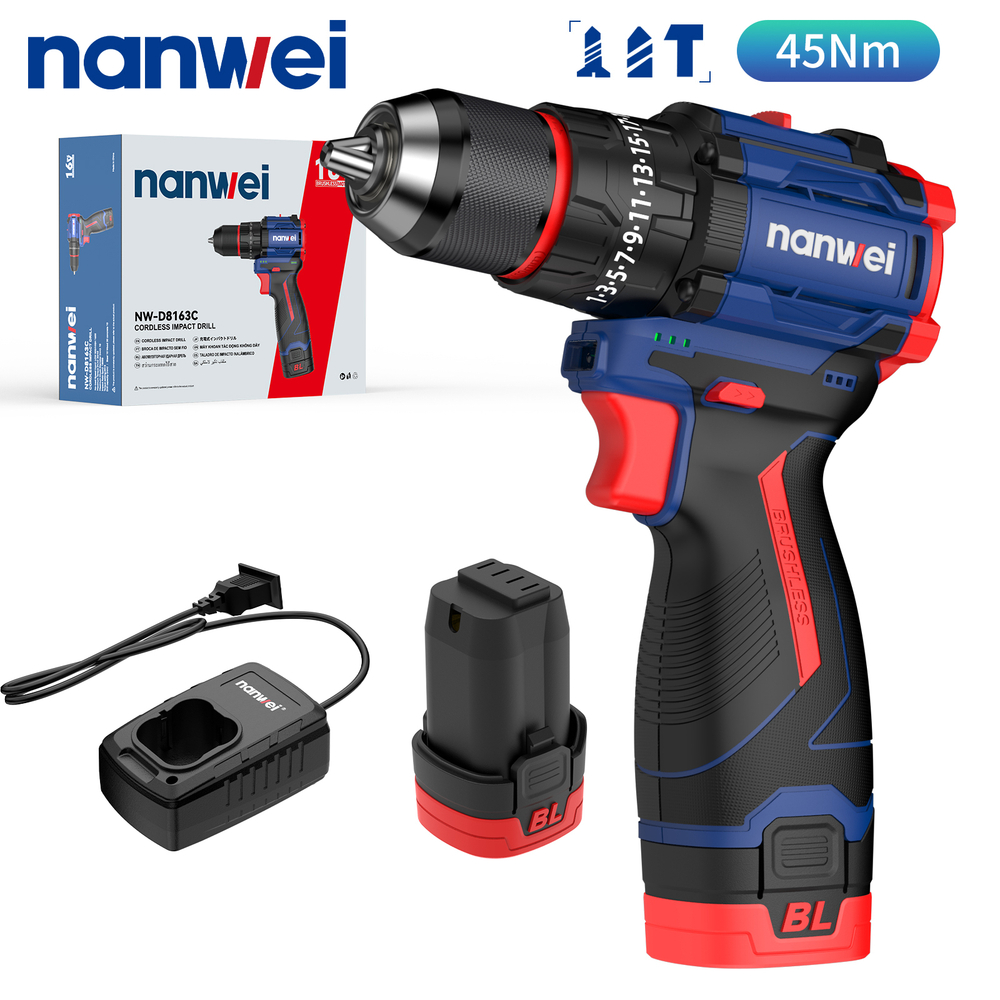 Дрель-шуруповерт NANWEI NW-D8163C, 45 Нм, 2Ah*2, 16 В