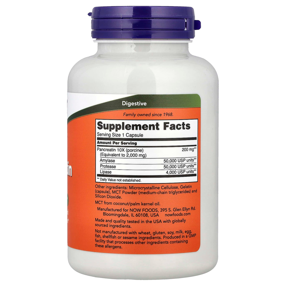 NOW Foods, панкреатин, 10X — 200 мг, 250 капсул