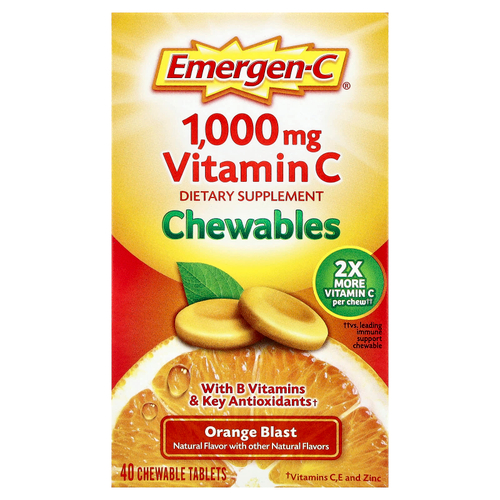 Emergen-C, жевательные таблетки с витамином C, со вкусом апельсина, 40 жевательных таблеток