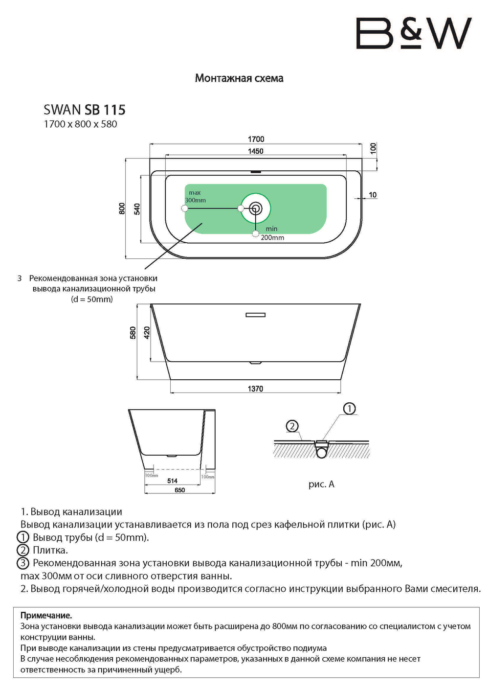 Акриловая ванна Black&White SB115