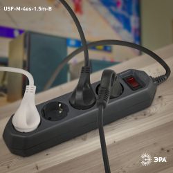 Сетевой фильтр ЭРА USF-M-4es-1,5m-B с защитой (термо) с заземлением с выключателем 4 розетки 1,5м 10А черный | Электротовары