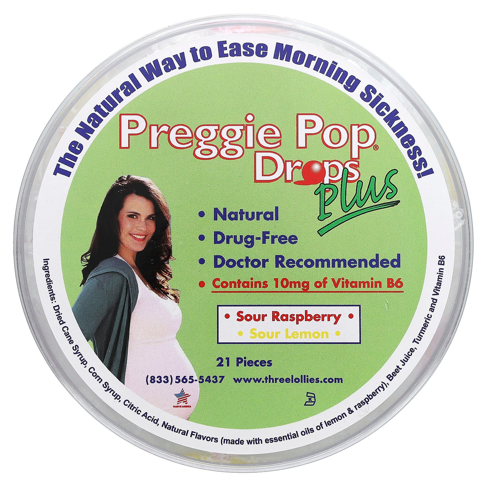 Preggie, Preggie Pop Drops Plus, кислая малина, кислый лимон, 10 мг, 21 шт.