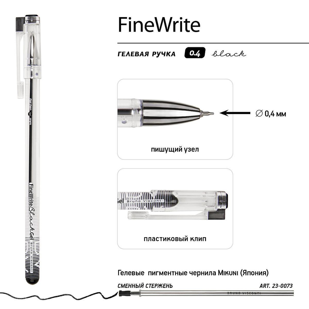 Ручка гелевая 0,4мм. черная "FineWrite" (BrunoVisconti)