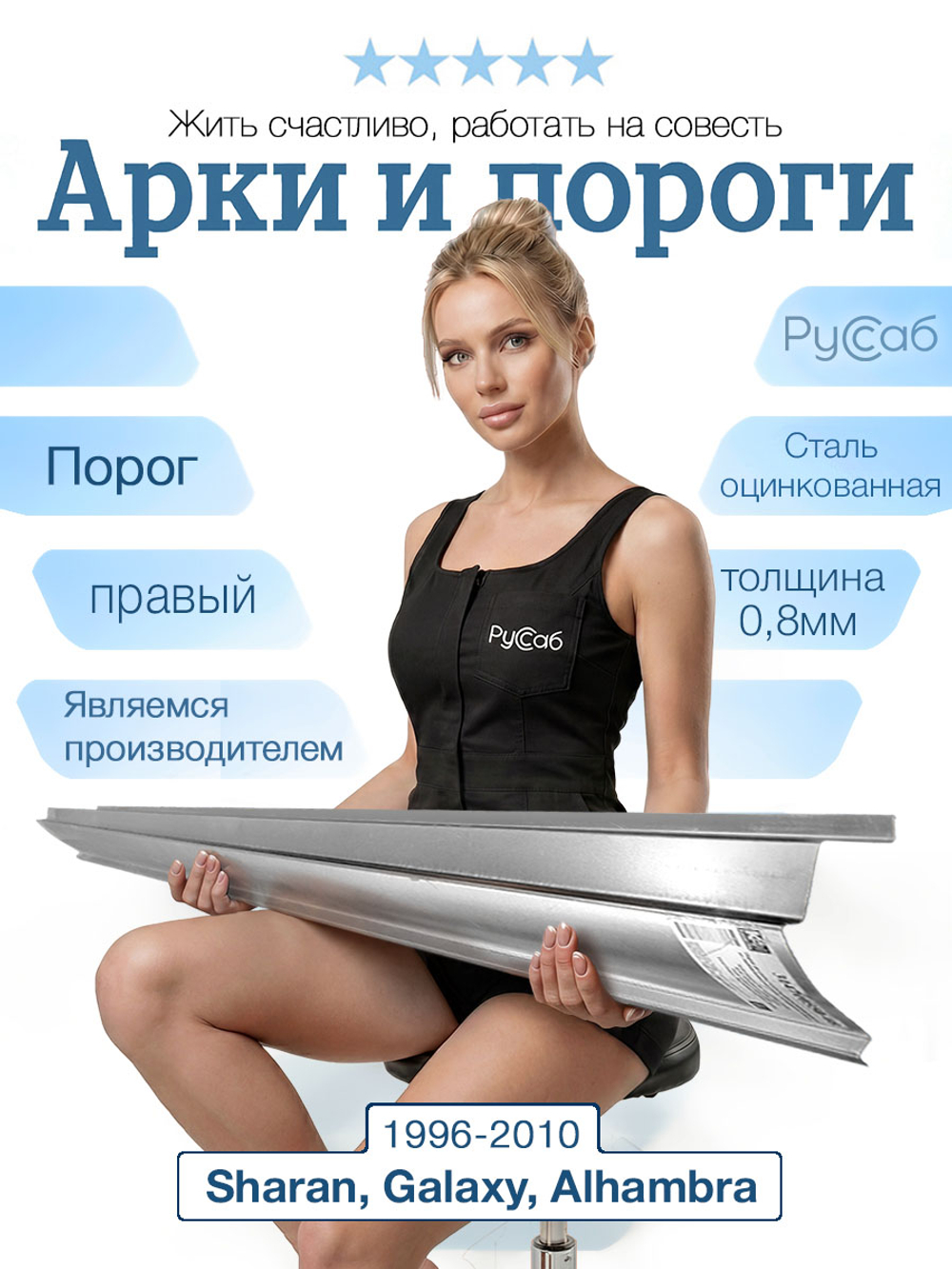 Порог правый VW Sharan, Ford Galaxy, Alhambra 1996-2010 (Полный профиль) (0,8мм)