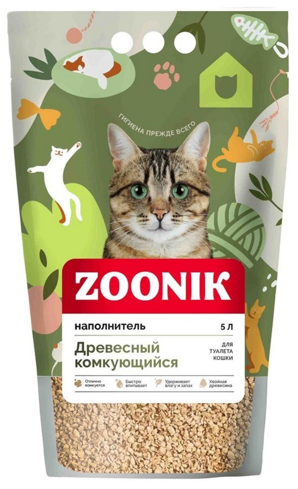 Древесный комкующийся наполнитель Зооник для кошачьих туалетов 5 л