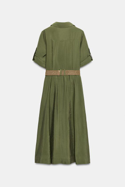 ZARA ПЛАТЬЕ-РУБАШКА МИДИ С РЕМНЕМ, ХАКИ
