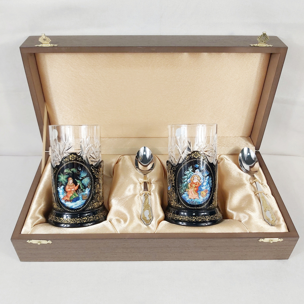Сувенирный чайный набор из 2-х подстаканников "Русские сказки" (Ручная роспись Палех) №11