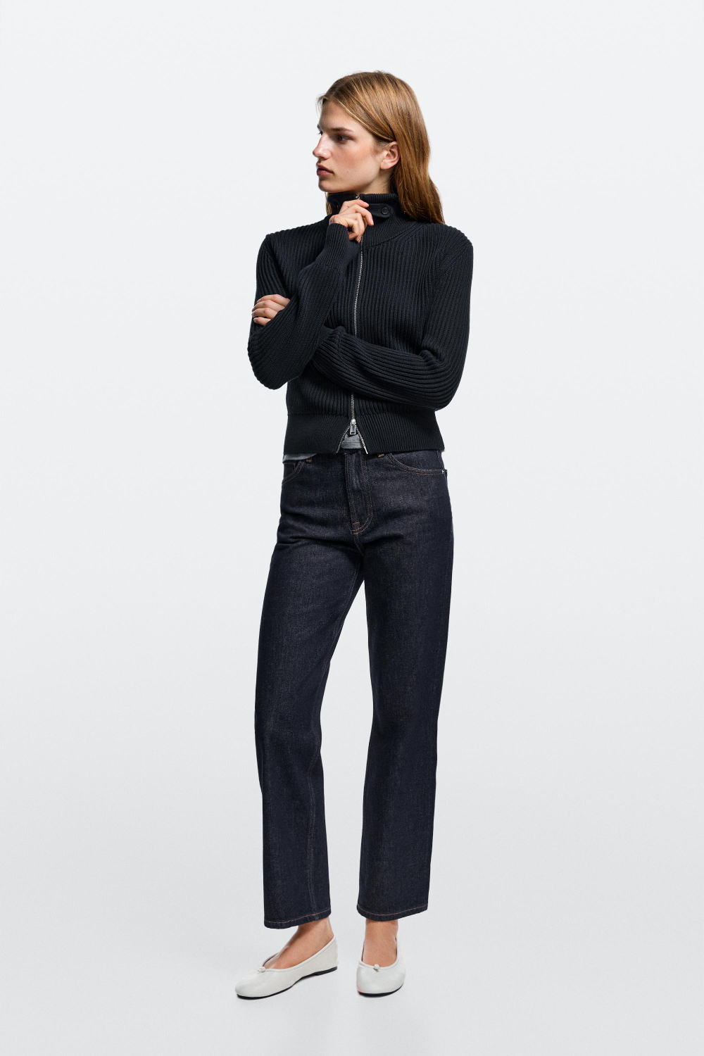 Massimo Dutti Джинсы прямого кроя с высокой талией и укороченными штанинами, темно-синий
