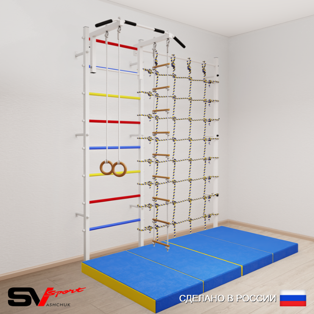 Шведская стенка Sv Sport 51740 (Турник стандарт/Кольца/Лестница/Мат 2м/Канатный лаз)