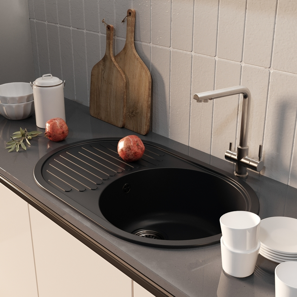 Мойка МЛ-ГМ16 (ML-GM16) КОМФОРТ овальная с крылом, ультра-черная (344), 730*460*180мм