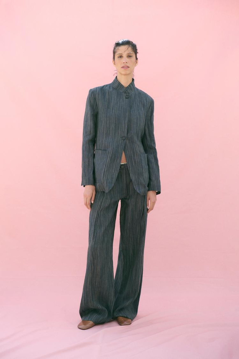 ZARA БРЮКИ ИЗ ЛЬНА В ПОЛОСКУ — ZW COLLECTION, СЕРО-СИНИЙ