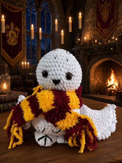Hedviq amigurumi plushi Griffindor şarfı ilə