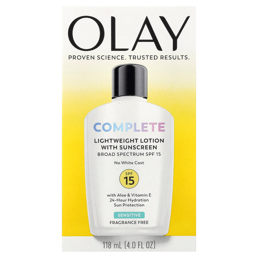 Olay, комплексный, легкий лосьон с солнцезащитным кремом, SPF 15, для чувствительной кожи, без отдушек, 118 мл (4 жидк. унции)