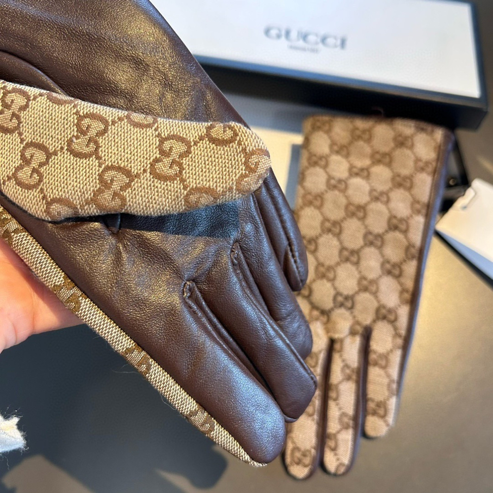 Женские перчатки Gucci с узором GG и коричневой ладонью — фото 3