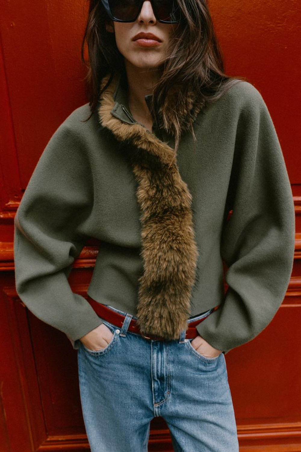 ZARA ТРИКОТАЖНЫЙ КАРДИГАН С ЭФФЕКТОМ МЕХА, ХАКИ