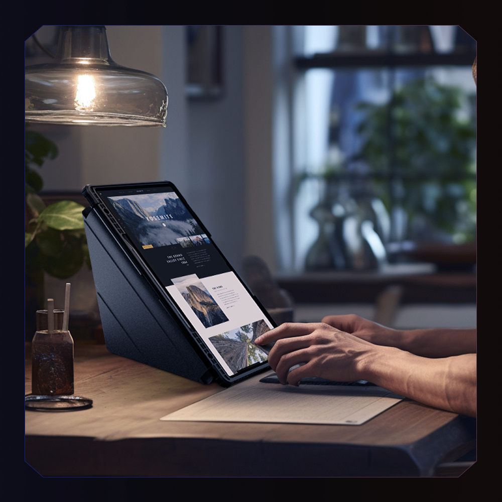 Чехол книжка синего цвета от Nillkin для планшета Samsung Galaxy Tab S9 Ultra и Tab S10 Ultra, серия Bumper Pro Case-Multi Angle Folding Style, с защитной шторкой для камеры