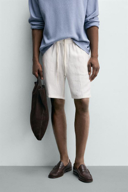 ZARA БЕРМУДЫ RELAXED FIT ИЗ ВИСКОЗЫ И ЛЬНА, БЕЛЫЙ