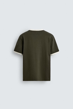 ZARA ФУТБОЛКА В РУБЧИК С КОНТРАСТНОЙ ОТДЕЛКОЙ БАЗОВАЯ, ЗЕЛЕНЫЙ