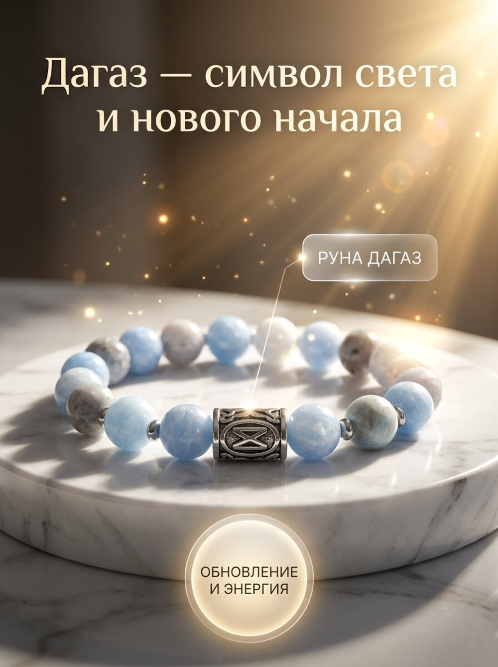 Браслет женский из натуральных камней кварц с руной Дагаз