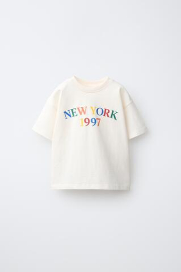 ZARA ФУТБОЛКА С ТЕКСТОВЫМ ПРИНТОМ, ЭКРЮ