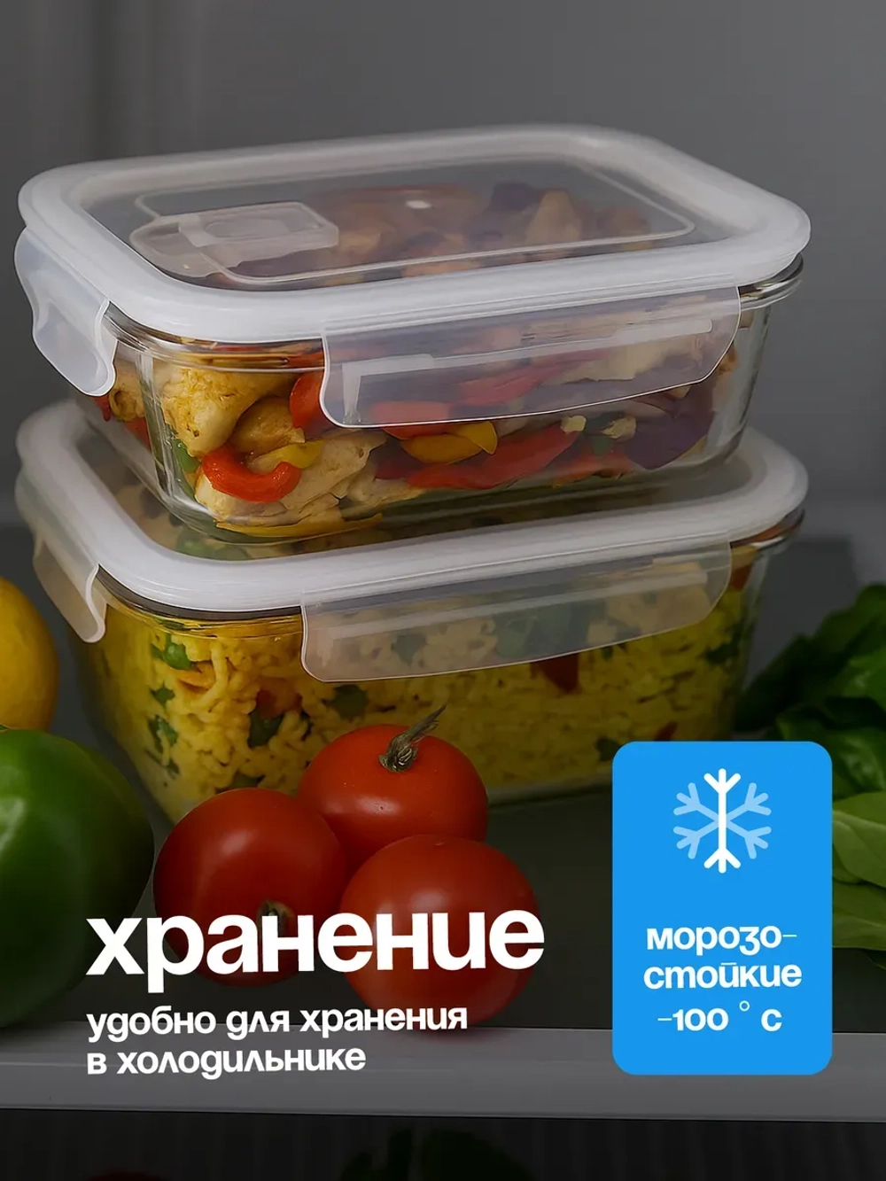 Контейнеры для еды стеклянные, 2 шт, 620 мл., 1030 мл