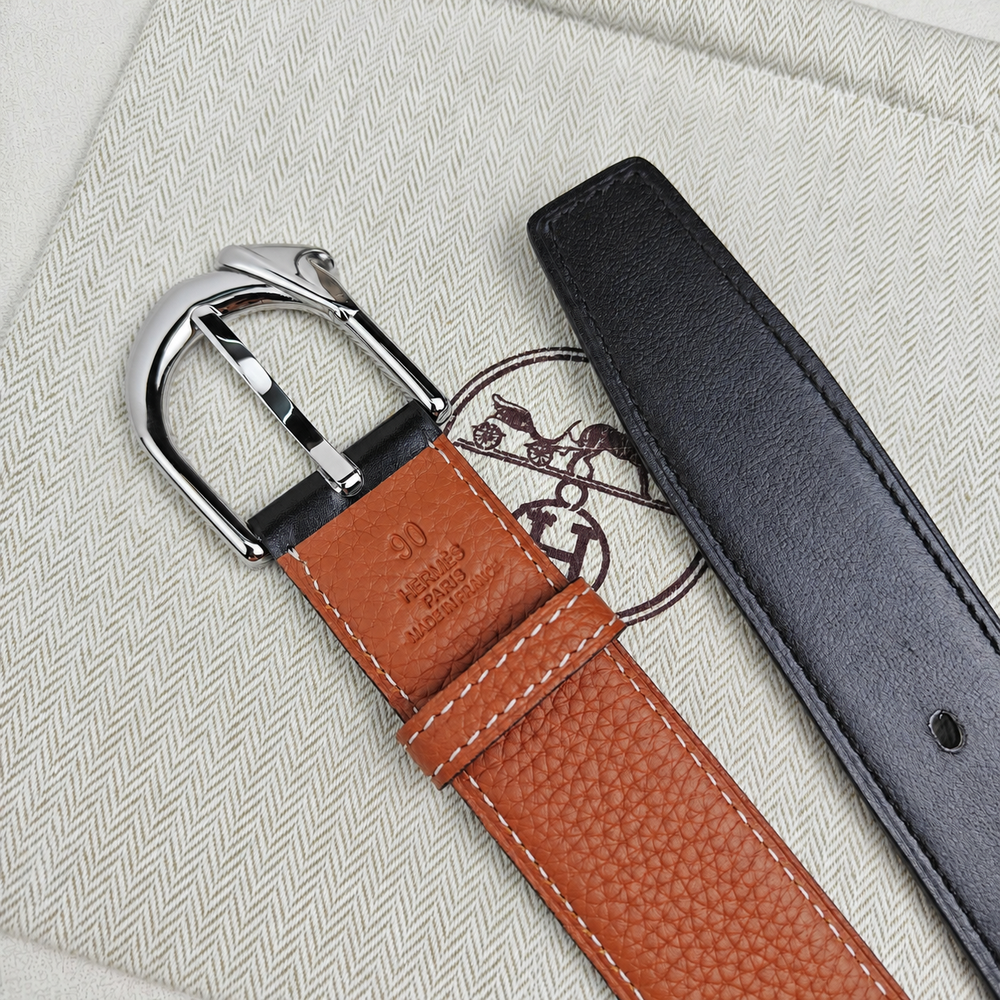 Мужской ремень Hermès 3.2 см — коньячный / чёрный — фото 3