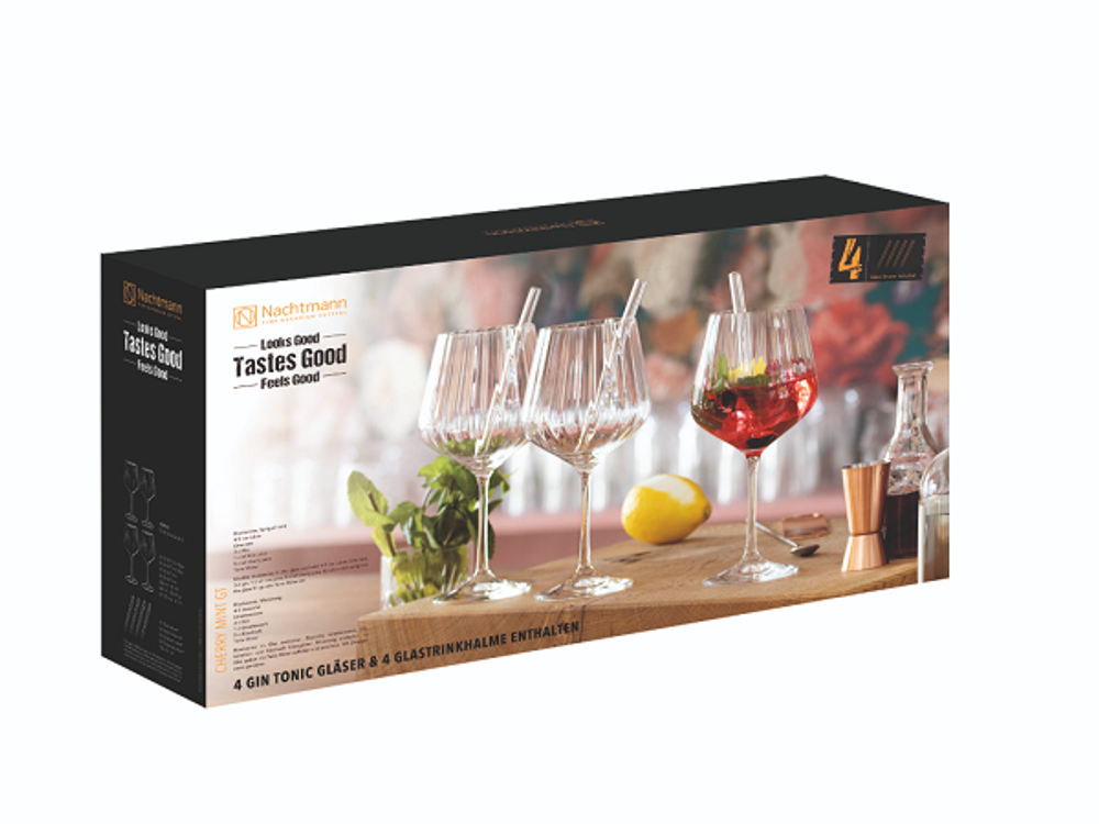 GIN&TONIC - Набор 9 предметов: 4 бокала, 4 трубочки, щетка; стекло