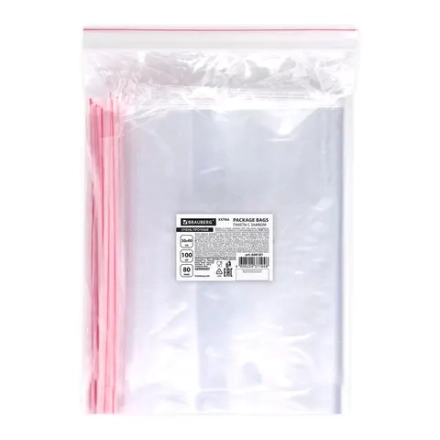 Пакеты ZIP LOCK "зиплок" очень ролчные, комплект 100 шт., 300х400 мм, 80 мкм, BRAUBERG EXTRA, 608181