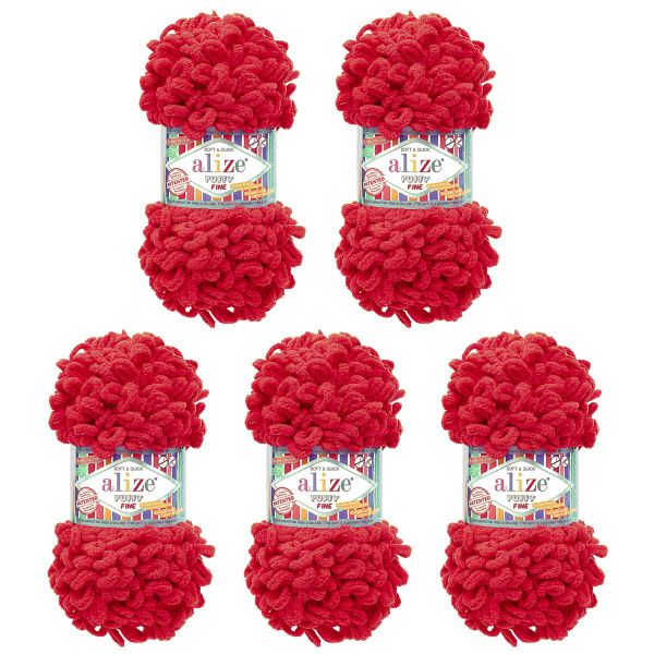 Пряжа Alize (Ализе) Puffy Fine / уп.5 мот. по 100 г, 14м, 056 красный A