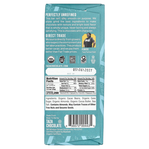 Taza Chocolate, 80% темный шоколад, морская соль и миндаль, 70 г (2,5 унции)