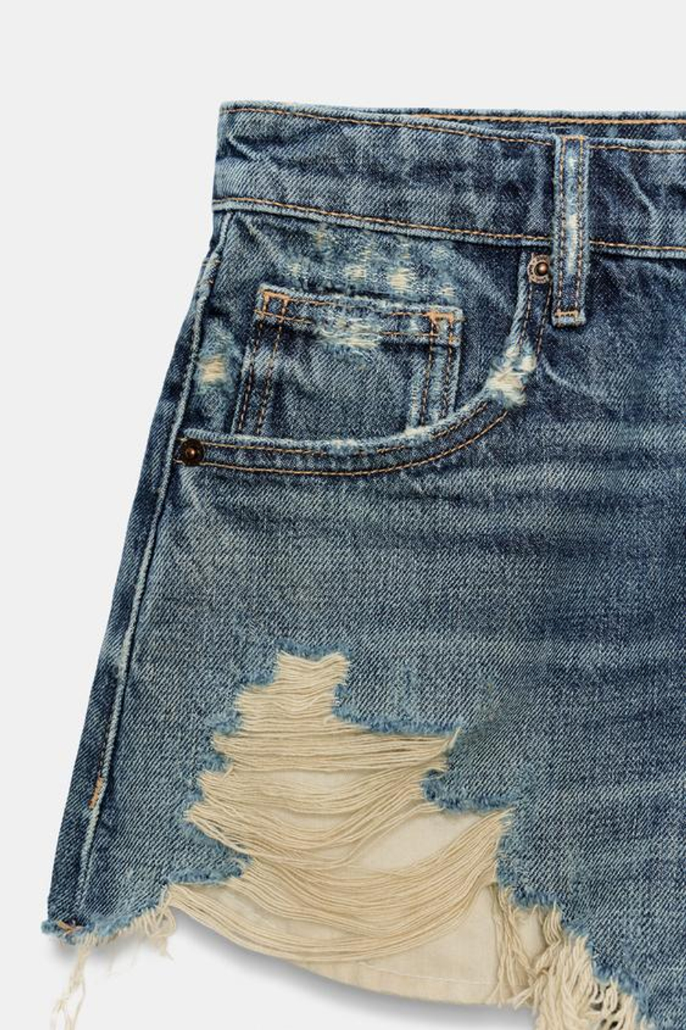 ZARA ДЖИНСОВЫЕ ШОРТЫ TRF С ВЫСОКОЙ ПОСАДКОЙ И РАЗРЫВАМИ, СИНИЙ