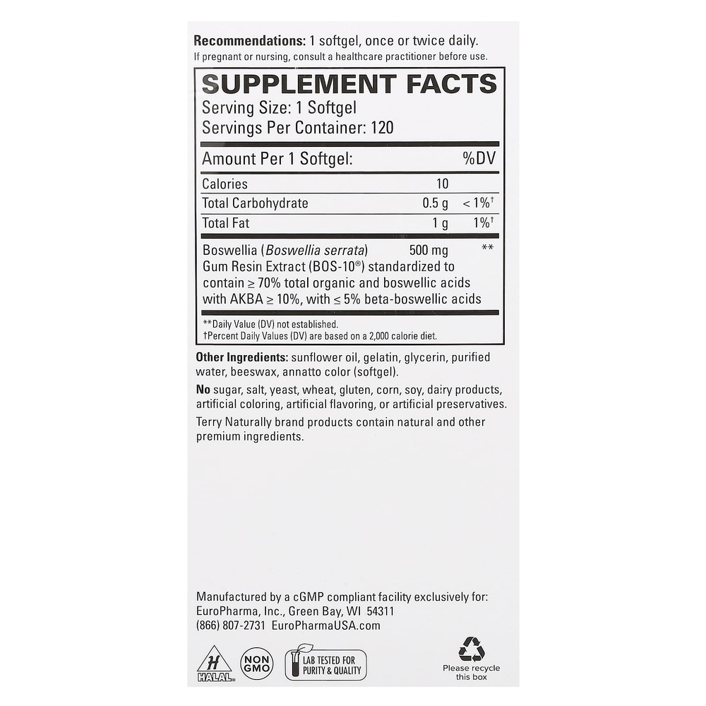 Terry Naturally, BosMed 500, босвеллия, улучшенная формула, 500 мг, 120 капсул